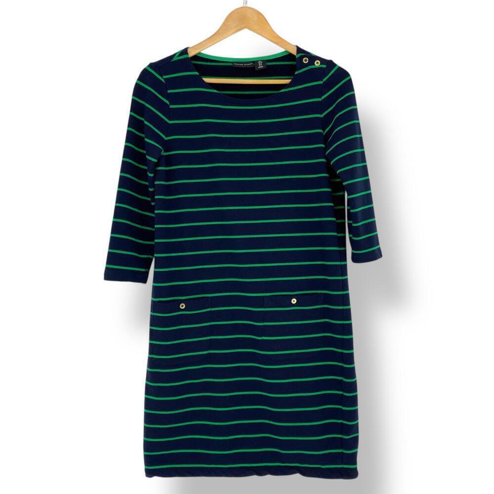 Adrienne Vittadini Navy & Green Striped Dress with Button Detail Sz Small